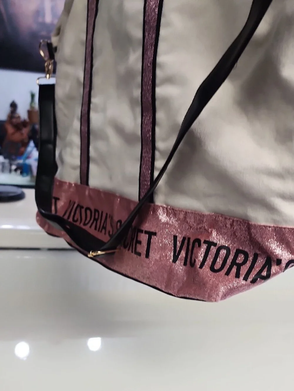 Victoria's Secret White Tote with Pink Glitter Trim